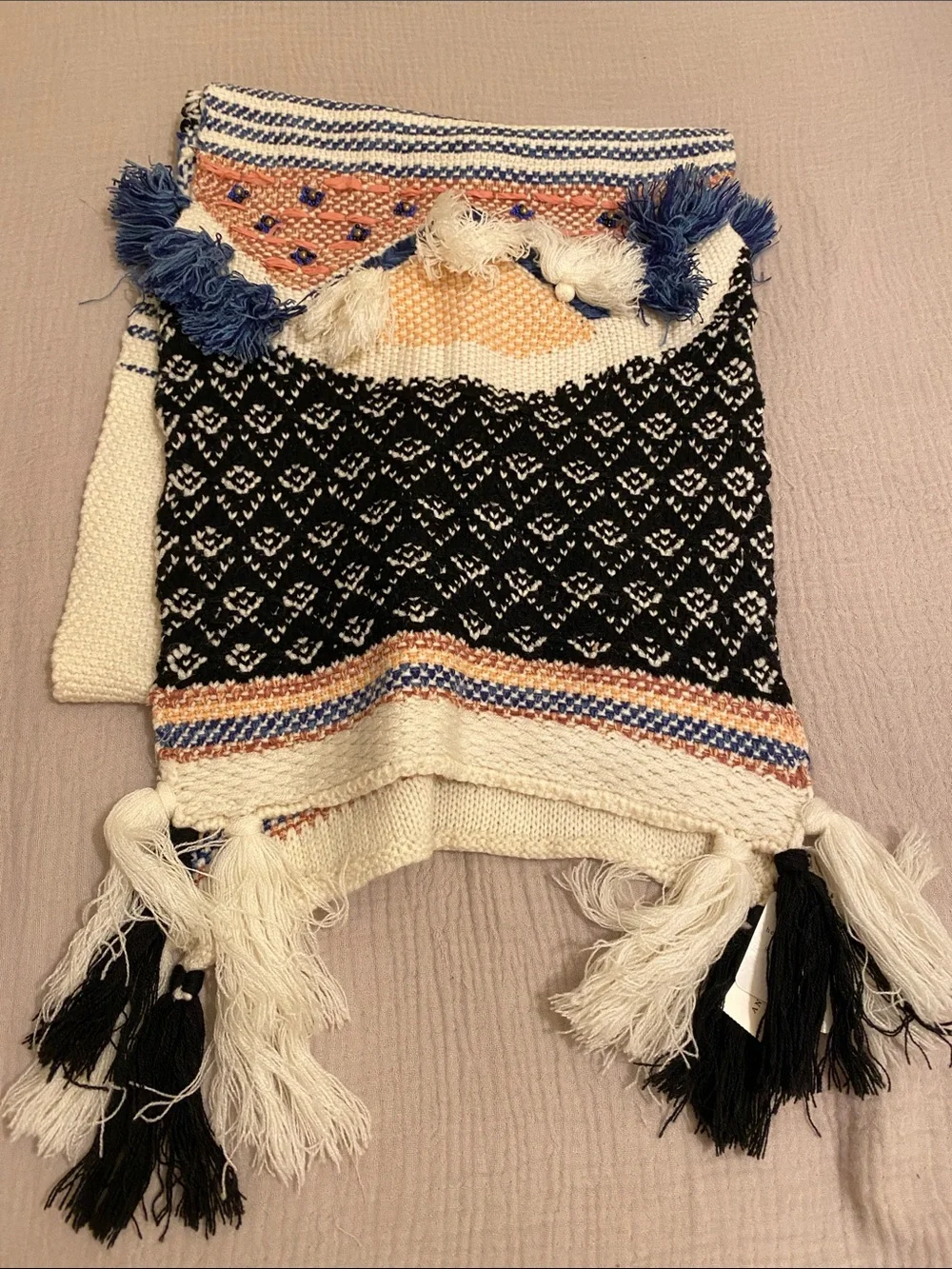 Anthropologie HelloHydrangea Navy, Cream & Peach Knit Tassel Scarf . New